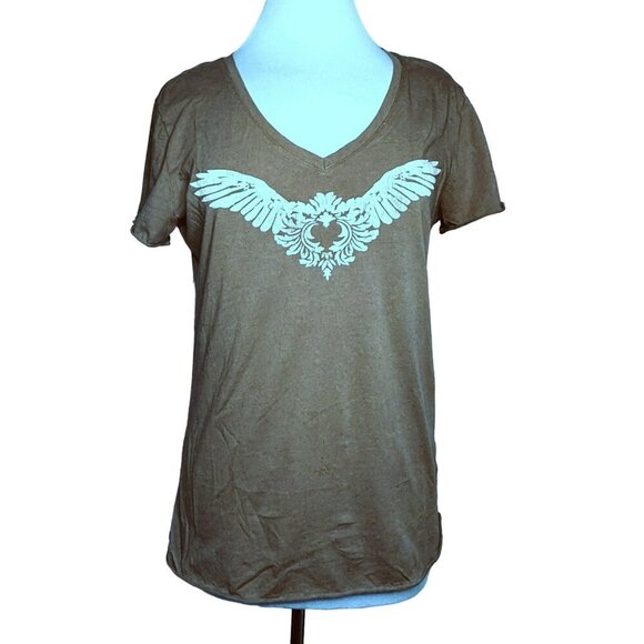 Sandra Taylor Collection Women's Brown V-Neck Tee Shirt White Wings Graphic Sz L - Picture 1 of 5